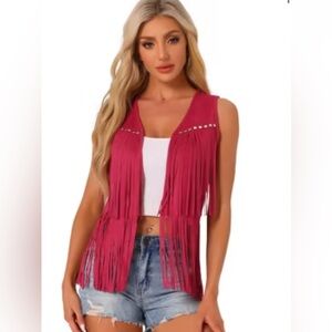 Lucky & Blessed Wesrern-Inspired Faux Suede Red Fringe Vest